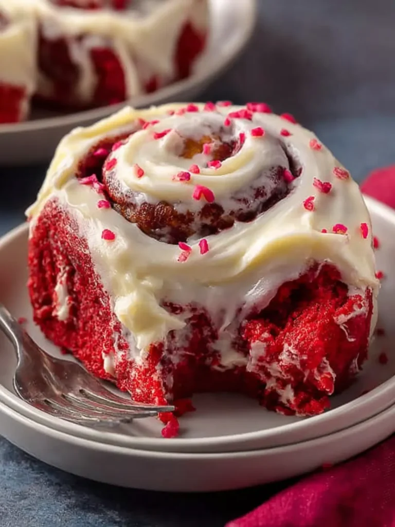 Homemade Red Velvet Cinnamon Rolls with Cream Cheese Frosting First Image